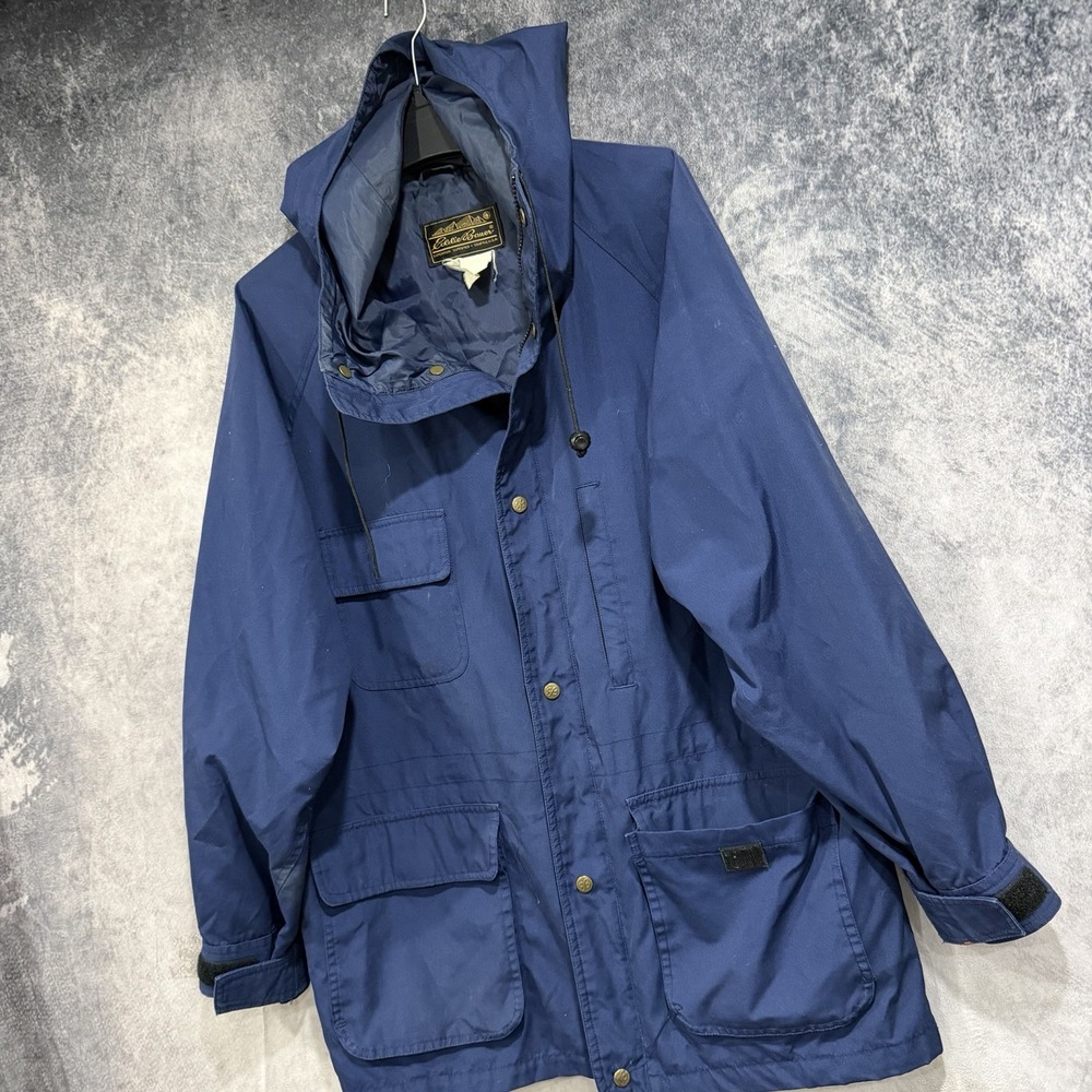 Eddie Bauer Mens Blue Hooded Rain Jacket Parka Outdoor Utility Vintage Size L